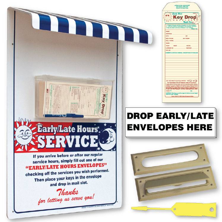 Key Drop Service Kits include dispenser, envelopes, drop slot, sign and key tags.