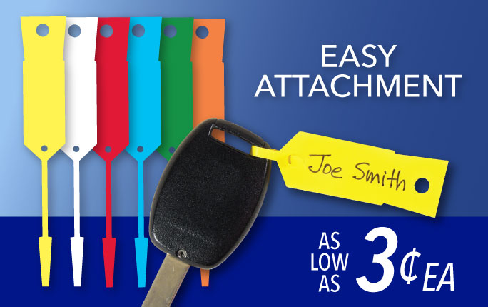 Vinyl Key Tags Vinyl Key Tags in 10 colors are tear-proof, easy to write on and stay attached to keys.